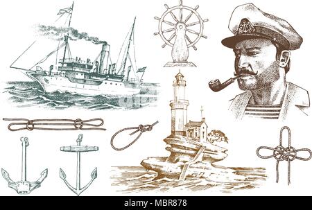 Boatswain con il tubo. Faro e capitano di mare, marine sailor, nautico viaggiare in nave. incisi disegnati a mano in stile vintage. Summer Adventure. Nave marittima e nodi di corda. Imbarcazione ruota e ancoraggio. Illustrazione Vettoriale
