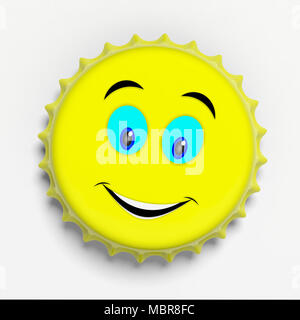 Grande sorriso emoticon su un metallo giallo Beer cap isolati su sfondo bianco, vista dall'alto. 3d illustrazione Foto Stock