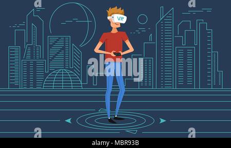 Realtà virtuale. Un ragazzo che indossa la cuffia VR. Uomo con occhiali per istruzione e giocare a giochi per computer. La tecnologia moderna. Simulazione e gadget portatile. banner per pagina web. neon sullo sfondo della città Illustrazione Vettoriale