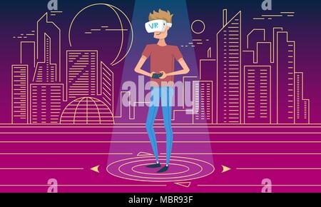 Realtà virtuale. Un ragazzo che indossa la cuffia VR. Uomo con occhiali per istruzione e giocare a giochi per computer. La tecnologia moderna. Simulazione e gadget portatile. banner per pagina web. neon sullo sfondo della città Illustrazione Vettoriale