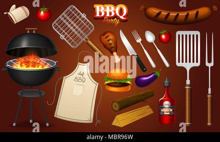 Barbecue set di elementi isolati su sfondo rosso. Il barbecue party. L'estate. Il ristorante di carne a casa. Carbone di legna bollitore con strumenti, salsa e alimenti. Attrezzature di cucina per i menu. La cottura all'aperto. Illustrazione Vettoriale