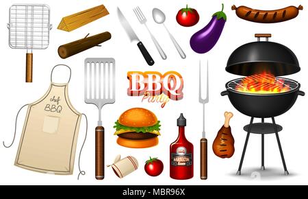 Barbecue set di elementi isolati su sfondo rosso. Il barbecue party. L'estate. Il ristorante di carne a casa. Carbone di legna bollitore con strumenti, salsa e alimenti. Attrezzature di cucina per i menu. La cottura all'aperto. Illustrazione Vettoriale