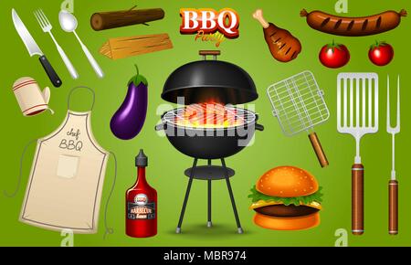 Barbecue set di elementi isolati su sfondo rosso. Il barbecue party. L'estate. Il ristorante di carne a casa. Carbone di legna bollitore con strumenti, salsa e alimenti. Attrezzature di cucina per i menu. La cottura all'aperto. Illustrazione Vettoriale