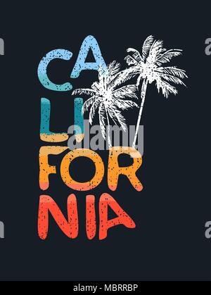 Vintage California tipografia preventivo con texture grunge e disegnati a mano palme. Testo estate calligrafia ideale di design per la stampa, carta o uso tessile Illustrazione Vettoriale