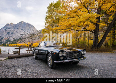 Un 1961 Lancia Flaminia automobile parcheggiata di fronte lago di argento lungo giugno anello del lago circondato da Autunno a colori nel giugno del lago, California. Foto Stock