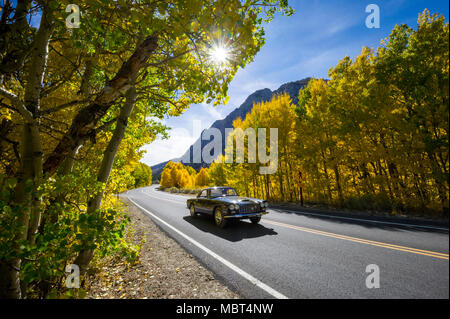 Un 1961 Lancia Flaminia unità auto attraverso il Rock Creek Canyon circondato da Autunno a colori nella Sierra orientale nei pressi di Toms Place, California. Foto Stock