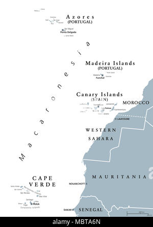 La Macaronesia mappa politica. Azzorre, Capo Verde, di Madera e delle isole Canarie. Raccolta di arcipelaghi nell'Oceano Atlantico al largo della costa africana. Foto Stock