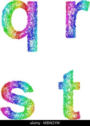 Rainbow sketch font set - lettere minuscole q, r, s, t Illustrazione Vettoriale