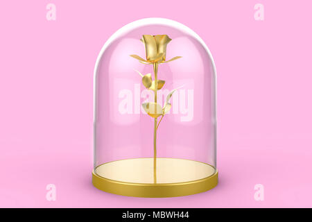 24k Golden Rose sotto la cupola di vetro isolato su sfondo rosa. 3d illustrazione Foto Stock