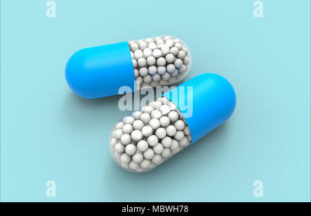 Capsula blu bianco con sfere di farmaco all'interno isolato sul blu. 3D illustrazione Foto Stock