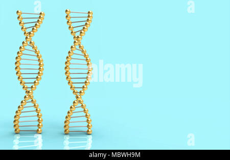 DNA Ribbon dorati su blu e lo spazio per il testo e per il design. Il concetto di scienza 3d illustrazione Foto Stock