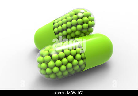 Un sano verde capsule medica con granuli. Close up. 3D'illustrazione. Foto Stock