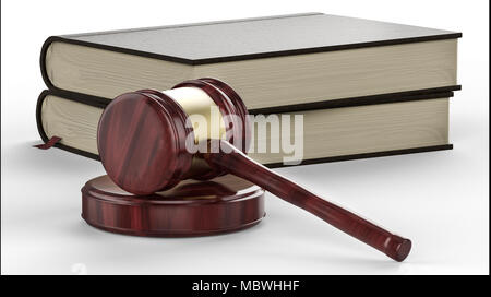 Giudice martello e due libri isolati su sfondo bianco. La giustizia e la nozione di diritto. 3D illustrazione Foto Stock