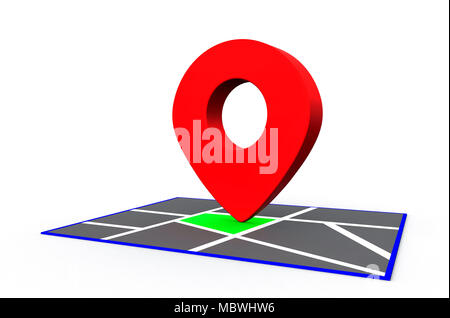 Mappa rosso Punto pin segno sulla mappa. Il rendering 3D Foto Stock