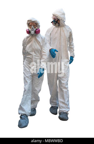 L uomo e la donna a piedi indossando tute hazmat Foto Stock