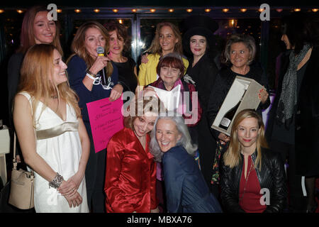 Parigi, Francia. 11 Aprile, 2018. Carole Chrétiennot, Jessica Nelson, Sandrine Quétier, Anne Nivat Odile d'Oultremont, Amélie Nothomb, Agnès Varda, Emmanuelle de Boysson e Tatiana de Rosnay frequentare undicesimo 'La Closerie des Lilas' riconoscimenti letterari 2018 presso la Closerie des Lilas, Parigi, Francia. Credito: Bernard Menigault/Alamy Live News Foto Stock