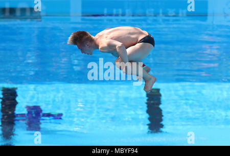 Inglese Jack Laugher Men's 3m Springboard preliminare al Centro Acquatico Optus durante il giorno otto dei Giochi Commonwealth 2018 nella Gold Coast, Australia. PREMERE ASSOCIAZIONE foto. Data immagine: Giovedì 12 aprile 2018. Vedere la storia di PA COMMONWEALTH Diving. Il credito fotografico dovrebbe essere: Danny Lawson/PA Wire. Foto Stock