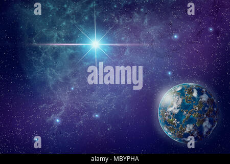 L'universo: il cielo stellato, una stella luminosa, nebulosa e un pianeta circondato da un atmosfera incandescente. Foto Stock