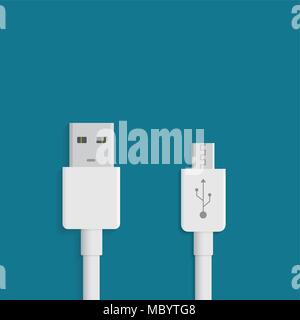 Cavi micro USB bianchi su sfondo bianco. Connettori e prese per PC e dispositivi mobili. Connettore delle periferiche del computer o ricarica dello smartphone. Illustrazione Vettoriale