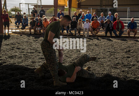 Gli ospiti che partecipano al primo Marine Corps Air Station (ICM) Yuma Winter Tour dell'anno osservare le capacità della stazione, una dimostrazione del K-9 unità ed un ostacolo corso dimostrazione in varie posizioni su ICM Yuma, Ariz., gen. 16, 2017. Le visite non sono state condotte negli ultimi due anni, ma sono stati ripresi da Col. David A. Suggs, la stazione comandante, per instaurare un rapporto migliore con la comunità. (U.S. Marine Corps foto scattata da Cpl. Isaac Martinez) Foto Stock