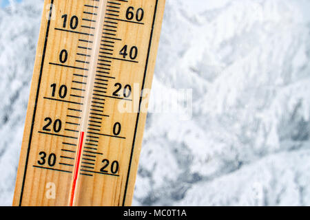 Dettaglio del termometro che mostra il congelamento 20 gradi Celsius sotto zero, con sfocato coperta di neve alberi in background. Concetto che illustra il freddo estremo w Foto Stock