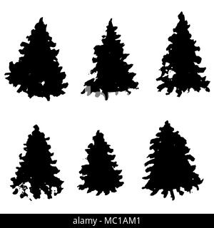 Set di abete silhouette. Nero grunge di alberi di Natale. Acquerello pini isolati su sfondo bianco. Illustrazione Vettoriale. Illustrazione Vettoriale