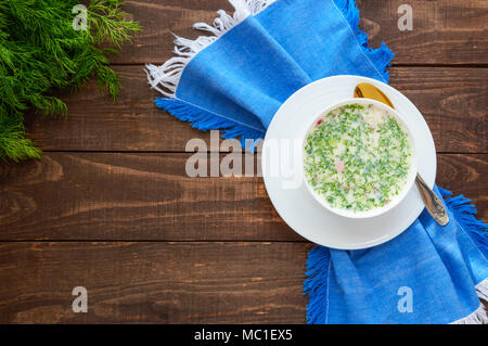 Slavo piatto tradizionale - Zuppa fredda 'Okroshka' su yogurt. Dietetici piatto rinfrescante. Vista superiore Foto Stock