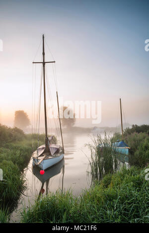 Piccola barca a vela ormeggiata sul fiume Thurne paesaggio durante il sorgere del sole in estate Foto Stock