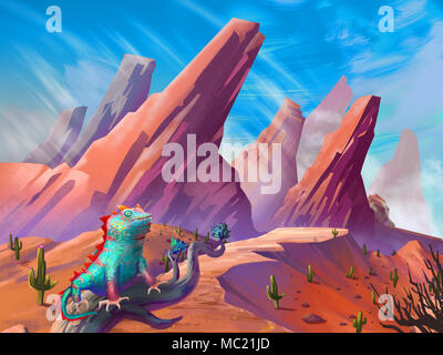 La Lucertola nel deserto con la fantastica, realistici e stile futuristico. Video del gioco Digital CG Artwork, concetto illustrazione, Realistico Cartoon Foto Stock