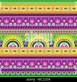 Jingle camion pattern, Pakistani arte carrello seamless design vettoriali, Indiano vivid carrello ornamento floreale con fiori forme astratte Illustrazione Vettoriale