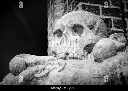 Foto in bianco e nero di un calcestruzzo cranio nel sole luminoso Foto Stock