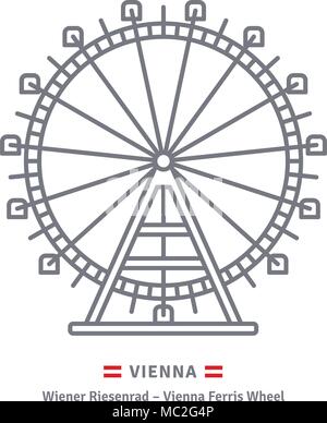 Austria icona linea. Prater Ruota panoramica di Vienna e la bandiera austriaca illustrazione vettoriale. Illustrazione Vettoriale