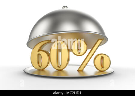 Ristorante cloche con golden 60 percento di sconto segno su sfondo bianco. 3D illustrazione Foto Stock