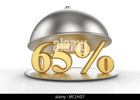 Ristorante cloche con golden 65 percento di sconto segno su sfondo bianco. 3D illustrazione Foto Stock