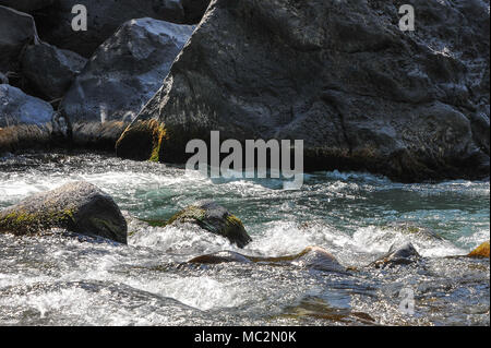 Acque che scorrono impetuose nella gola dell'Alcantara, Sicilia. Grigio rocce vulcaniche, bianco spumeggiante fiume. Foto Stock