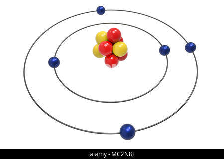 Bohr modello di atomo di boro con protoni, neutroni ed elettroni. La scienza e il concetto chimico 3d illustrazione Foto Stock