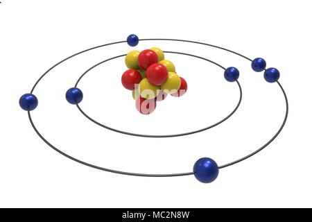 Bohr modello di atomo di azoto con protoni, neutroni ed elettroni. La scienza e il concetto chimico 3d illustrazione Foto Stock