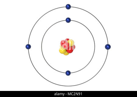 Atomo di boro Bohr modello con protoni, neutroni ed elettroni. 3d illustrazione Foto Stock