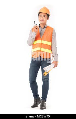 Operaio edile in arancione gilet Foto Stock