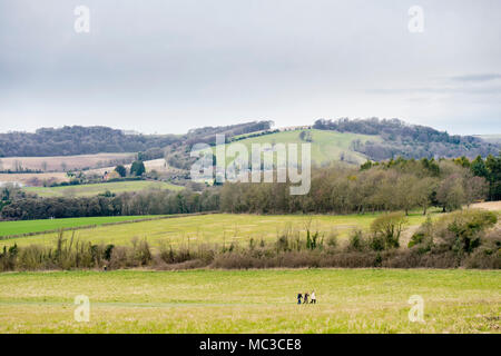 Vista da Cissbury Ring, uno dei più grandi hill forti in Europa, oltre il South Downs National Park nella contea inglese del West Sussex, in Inghilterra, Regno Unito Foto Stock