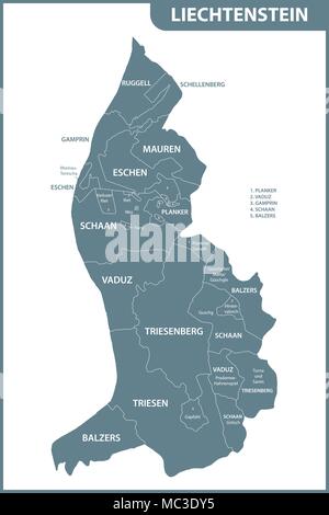 La mappa dettagliata del Liechtenstein con le regioni o gli Stati membri. Divisione amministrativa Illustrazione Vettoriale