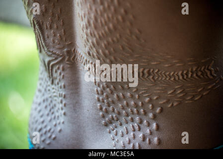 Dettaglio delle cicatrici sulla schiena di un uomo Chambri a guardare come pelle di coccodrillo, Kanganaman village, Medio Sepik, Papua Nuova Guinea Foto Stock