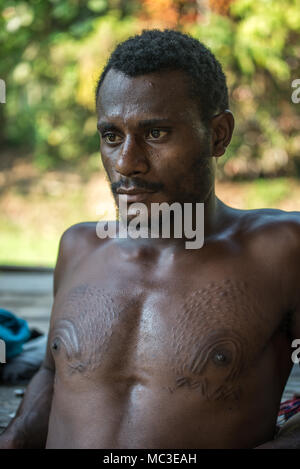 Cicatrici sul petto e i capezzoli di un uomo Chambri a guardare come pelle di coccodrillo, Kanganaman village, Medio Sepik, Papua Nuova Guinea Foto Stock