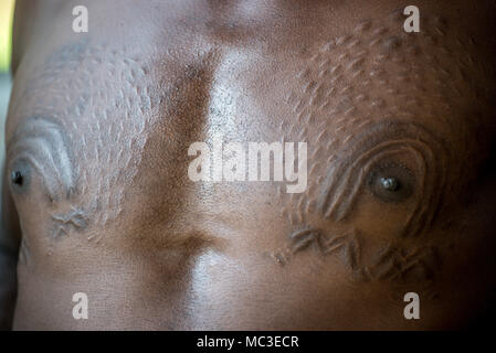 Cicatrici sul petto e i capezzoli di un uomo Chambri a guardare come pelle di coccodrillo, Kanganaman village, Medio Sepik, Papua Nuova Guinea Foto Stock