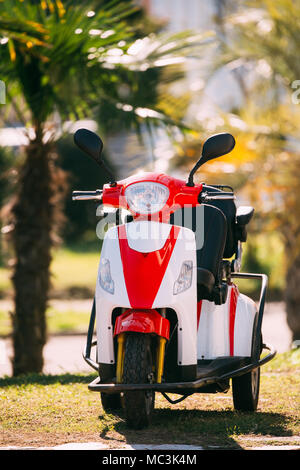 Molte moto elettrica, moto scooter parcheggiato in strada della citta'. Foto Stock