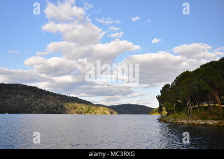 Vista del paesaggio di San Juan dam mostra pini (Pinus pinea) nelle sue sponde, con cielo blu e nuvole grande, in Pelayos de la presa di Madrid (Spagna) Foto Stock