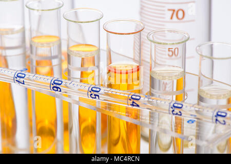 Esperimento scientifico nel laboratorio di chimica con liquido in tubi di prova Foto Stock