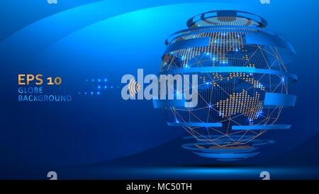 Globo internet vettore di fondo. Web tecnologia futuristico concetto. Pianeta filo di messa a terra telaio e punti. Illustrazione Vettoriale