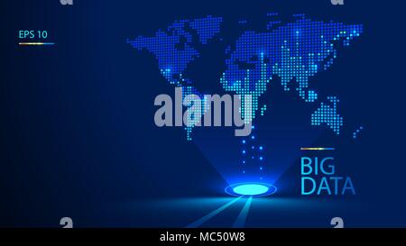 Un mondo olografico mappa fatta di piazze. Grande elaborazione dati raccolti da tutto il mondo. I segnali sono distribuiti in tutti i continenti Illustrazione Vettoriale