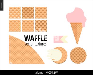 Illustrazione Vettoriale di sei seamless pattern waffle e frutta rossa gelato convogliatore in un cono di cialda, rosa nastro piatto e due round waffers belga Illustrazione Vettoriale